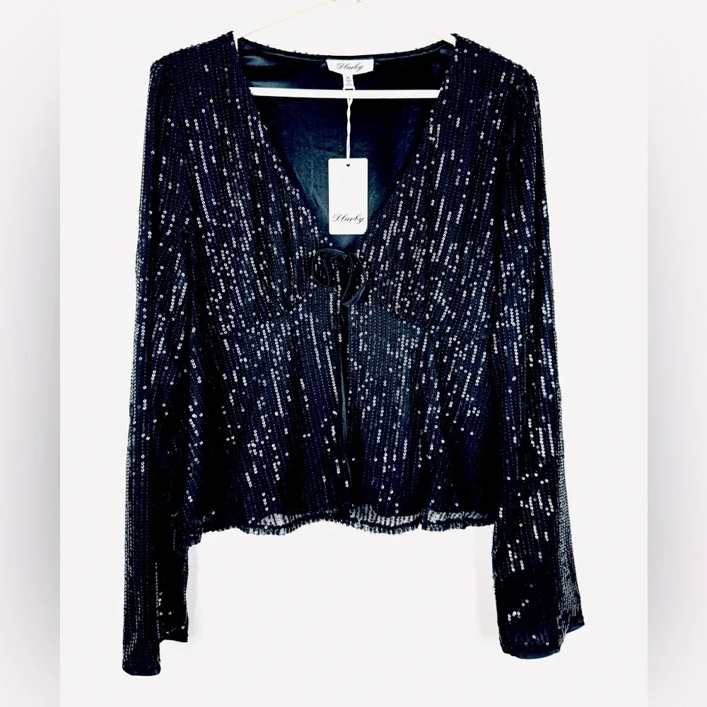 Women’s LinedTie Front Long Sleeve Sequin Cardigan Top Black XL NWT
